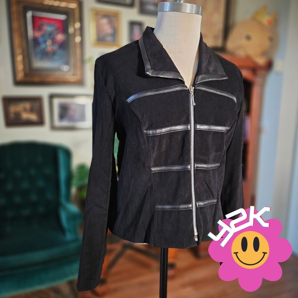 Spago Faux Suede Jacket Vintage Y2K Black Velvety Fitted Cropped Marching Band